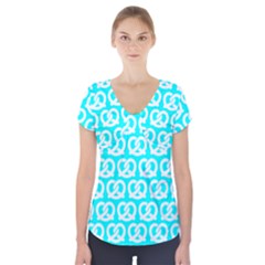 Aqua Pretzel Illustrations Pattern Short Sleeve Front Detail Top by GardenOfOphir