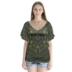 Mandala Rosette Kaleidoscope Floral Background V-neck Flutter Sleeve Top by Jancukart