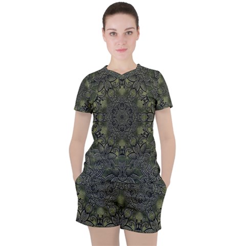 Mandala Rosette Kaleidoscope Floral Background Women s Tee And Shorts Set by Jancukart