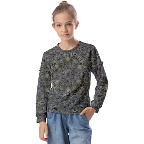 Mandala Rosette Kaleidoscope Floral Background Kids  Long Sleeve Tee With Frill  by Jancukart