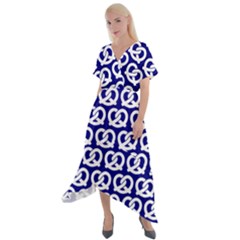 Navy Pretzel Illustrations Pattern Cross Front Sharkbite Hem Maxi Dress by GardenOfOphir