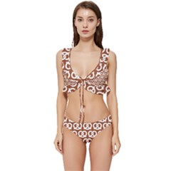 Brown Pretzel Illustrations Pattern Low Cut Ruffle Edge Bikini Set by GardenOfOphir