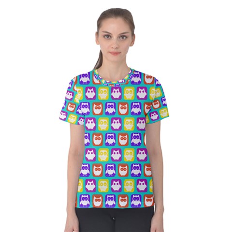 Colorful Whimsical Owl Pattern Women s Cotton Tee by GardenOfOphir