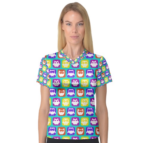 Colorful Whimsical Owl Pattern V-neck Sport Mesh Tee by GardenOfOphir