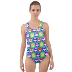 Colorful Whimsical Owl Pattern Cut-out Back One Piece Swimsuit by GardenOfOphir
