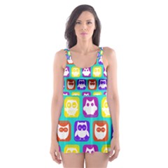 Colorful Whimsical Owl Pattern Skater Dress Swimsuit by GardenOfOphir