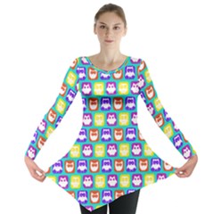 Colorful Whimsical Owl Pattern Long Sleeve Tunic  by GardenOfOphir