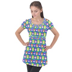 Colorful Whimsical Owl Pattern Puff Sleeve Tunic Top by GardenOfOphir