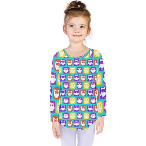 Colorful Whimsical Owl Pattern Kids  Long Sleeve Tee by GardenOfOphir