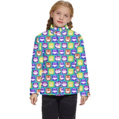 Colorful Whimsical Owl Pattern Kids  Puffer Bubble Jacket Coat by GardenOfOphir