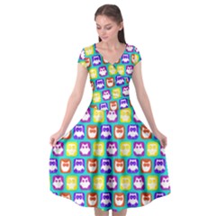 Colorful Whimsical Owl Pattern Cap Sleeve Wrap Front Dress by GardenOfOphir