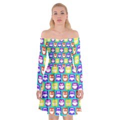 Colorful Whimsical Owl Pattern Off Shoulder Skater Dress by GardenOfOphir