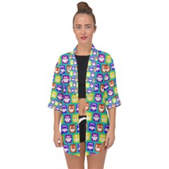 Colorful Whimsical Owl Pattern Open Front Chiffon Kimono by GardenOfOphir