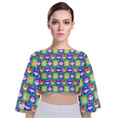 Colorful Whimsical Owl Pattern Tie Back Butterfly Sleeve Chiffon Top