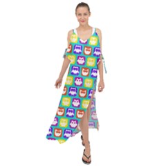 Colorful Whimsical Owl Pattern Maxi Chiffon Cover Up Dress by GardenOfOphir