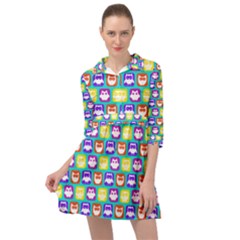 Colorful Whimsical Owl Pattern Mini Skater Shirt Dress by GardenOfOphir