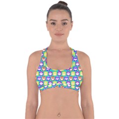 Colorful Whimsical Owl Pattern Cross Back Hipster Bikini Top  by GardenOfOphir