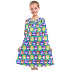 Colorful Whimsical Owl Pattern Kids  Midi Sailor Dress by GardenOfOphir