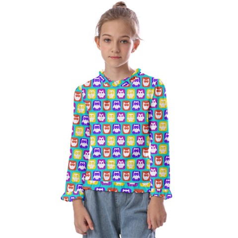 Colorful Whimsical Owl Pattern Kids  Frill Detail Tee by GardenOfOphir