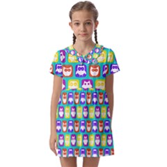 Colorful Whimsical Owl Pattern Kids  Asymmetric Collar Dress by GardenOfOphir