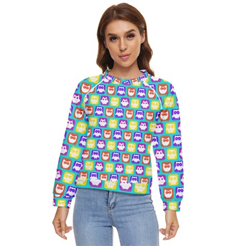 Colorful Whimsical Owl Pattern Women s Long Sleeve Raglan Tee by GardenOfOphir