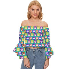 Colorful Whimsical Owl Pattern Off Shoulder Flutter Bell Sleeve Top by GardenOfOphir