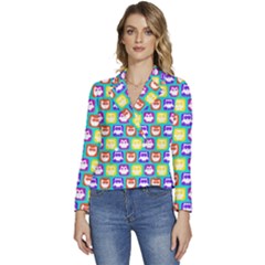 Colorful Whimsical Owl Pattern Women s Long Sleeve Revers Collar Cropped Jacket by GardenOfOphir