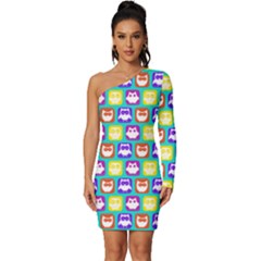 Colorful Whimsical Owl Pattern Long Sleeve One Shoulder Mini Dress by GardenOfOphir