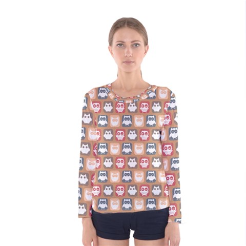 Colorful Whimsical Owl Pattern Women s Long Sleeve Tee by GardenOfOphir