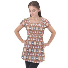Colorful Whimsical Owl Pattern Puff Sleeve Tunic Top by GardenOfOphir