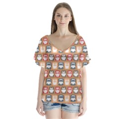 Colorful Whimsical Owl Pattern V-neck Flutter Sleeve Top by GardenOfOphir