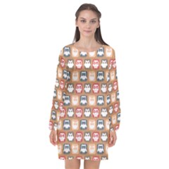 Colorful Whimsical Owl Pattern Long Sleeve Chiffon Shift Dress  by GardenOfOphir