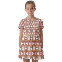 Colorful Whimsical Owl Pattern Kids  Short Sleeve Pinafore Style Dress by GardenOfOphir