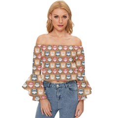 Colorful Whimsical Owl Pattern Off Shoulder Flutter Bell Sleeve Top by GardenOfOphir