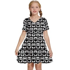 Black And White Owl Pattern Kids  Short Sleeve Tiered Mini Dress by GardenOfOphir