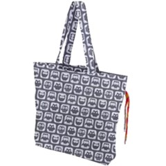Gray And White Owl Pattern Drawstring Tote Bag by GardenOfOphir