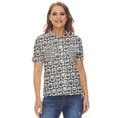 Gray And White Owl Pattern Women s Short Sleeve Double Pocket Shirt