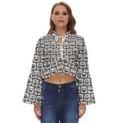Gray And White Owl Pattern Boho Long Bell Sleeve Top
