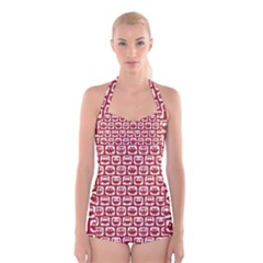 Red And White Owl Pattern Boyleg Halter Swimsuit  by GardenOfOphir