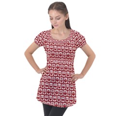 Red And White Owl Pattern Puff Sleeve Tunic Top by GardenOfOphir