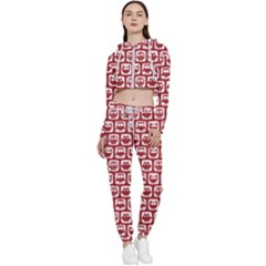 Red And White Owl Pattern Cropped Zip Up Lounge Set by GardenOfOphir