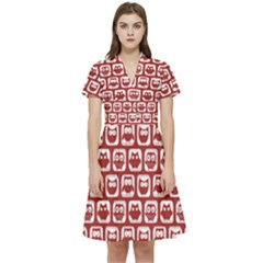 Red And White Owl Pattern Short Sleeve Waist Detail Dress by GardenOfOphir