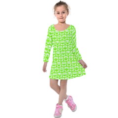 Lime Green And White Owl Pattern Kids  Long Sleeve Velvet Dress by GardenOfOphir