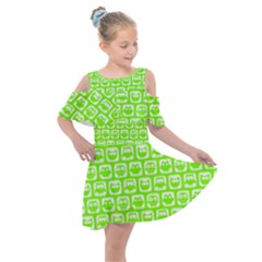 Lime Green And White Owl Pattern Kids  Shoulder Cutout Chiffon Dress by GardenOfOphir