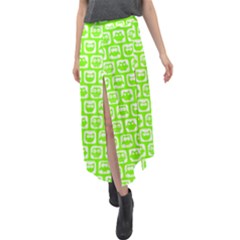 Lime Green And White Owl Pattern Velour Split Maxi Skirt by GardenOfOphir