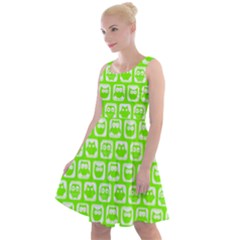 Lime Green And White Owl Pattern Knee Length Skater Dress by GardenOfOphir