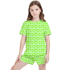 Lime Green And White Owl Pattern Kids  Tee And Sports Shorts Set by GardenOfOphir