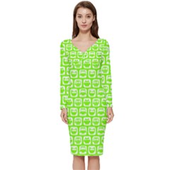 Lime Green And White Owl Pattern Long Sleeve V-neck Bodycon Dress  by GardenOfOphir