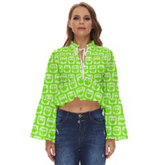 Lime Green And White Owl Pattern Boho Long Bell Sleeve Top