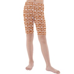 Orange And White Owl Pattern Kids  Mid Length Swim Shorts